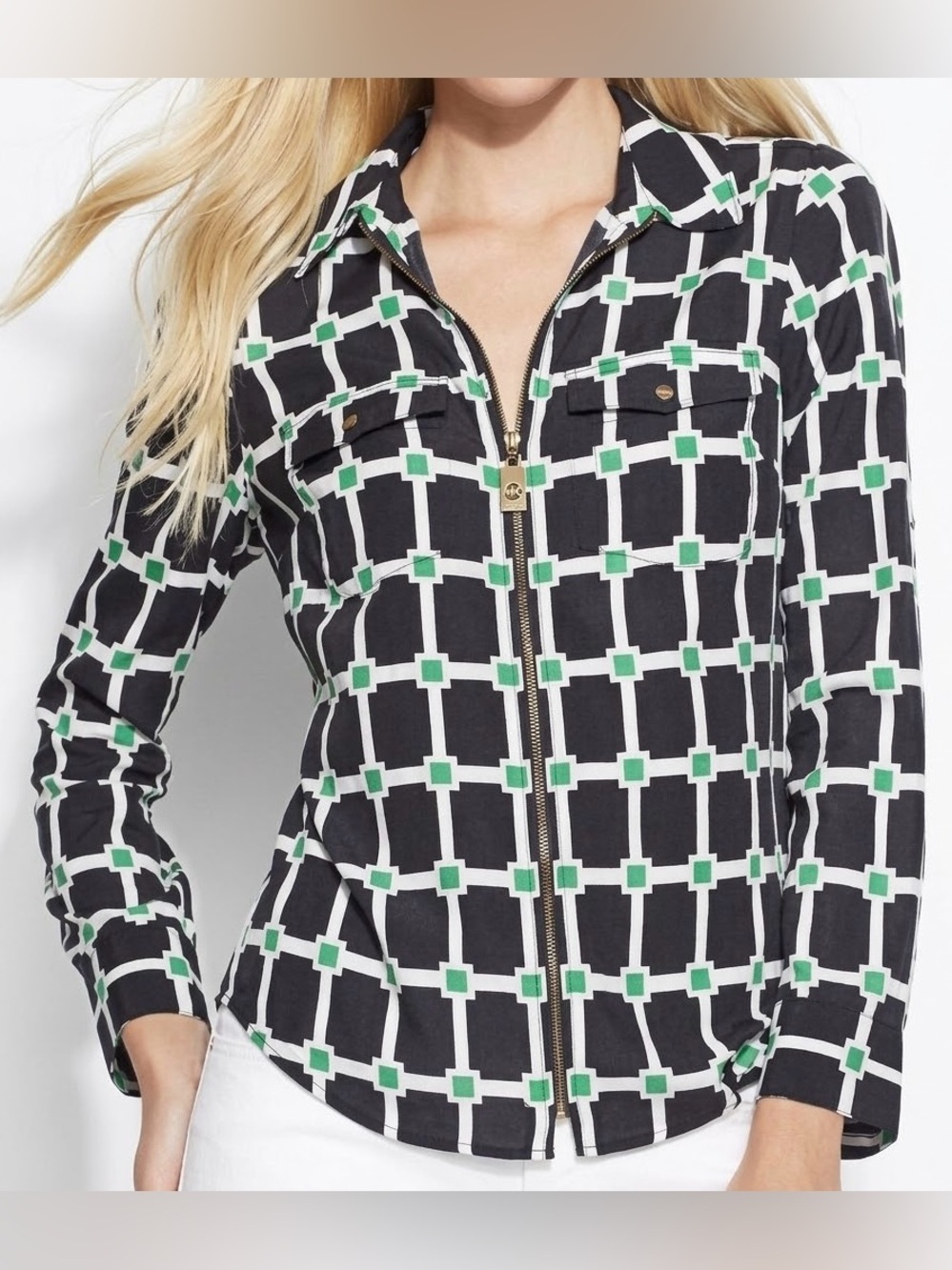 Michael Kors Geometric Print Zip Front Jacket Blouse Green Black/ Navy White S